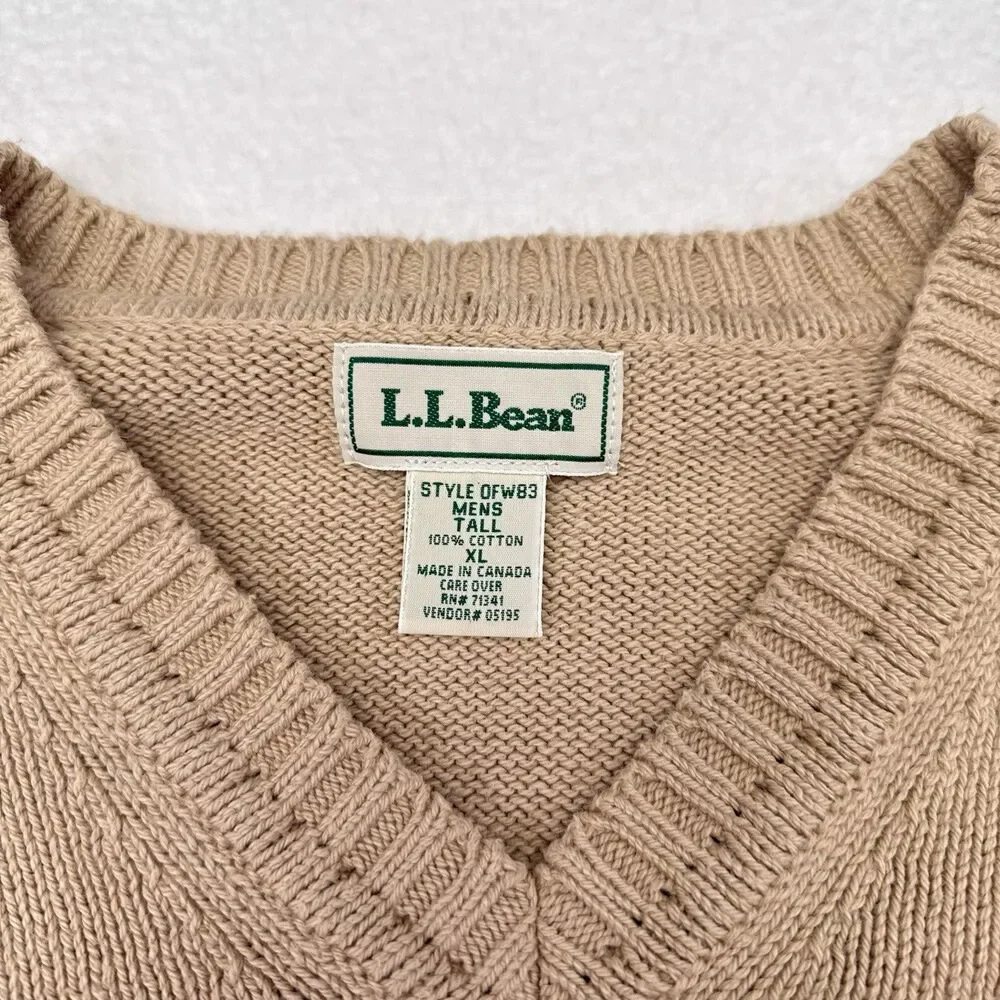 Vintage LL Bean Sweater Mens Size XL Tall Tan V Neck Pullover Knit Casual‎